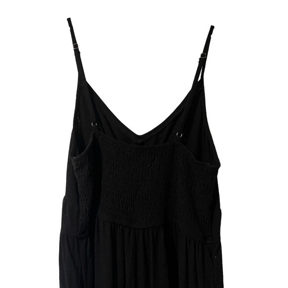 Black Linen Jumpsuit Cropped Wide Leg V-Neck Cut Out Romper Spaghetti Strap - Picture 7 of 9